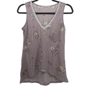 Liberty Love Women Size M Y2K Tank Top Mauve Floral Lace Trim Empire Waist Cami